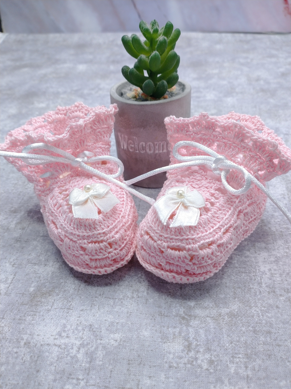 New Hand Crocheted Pink Crochet Baby Booties with Bow